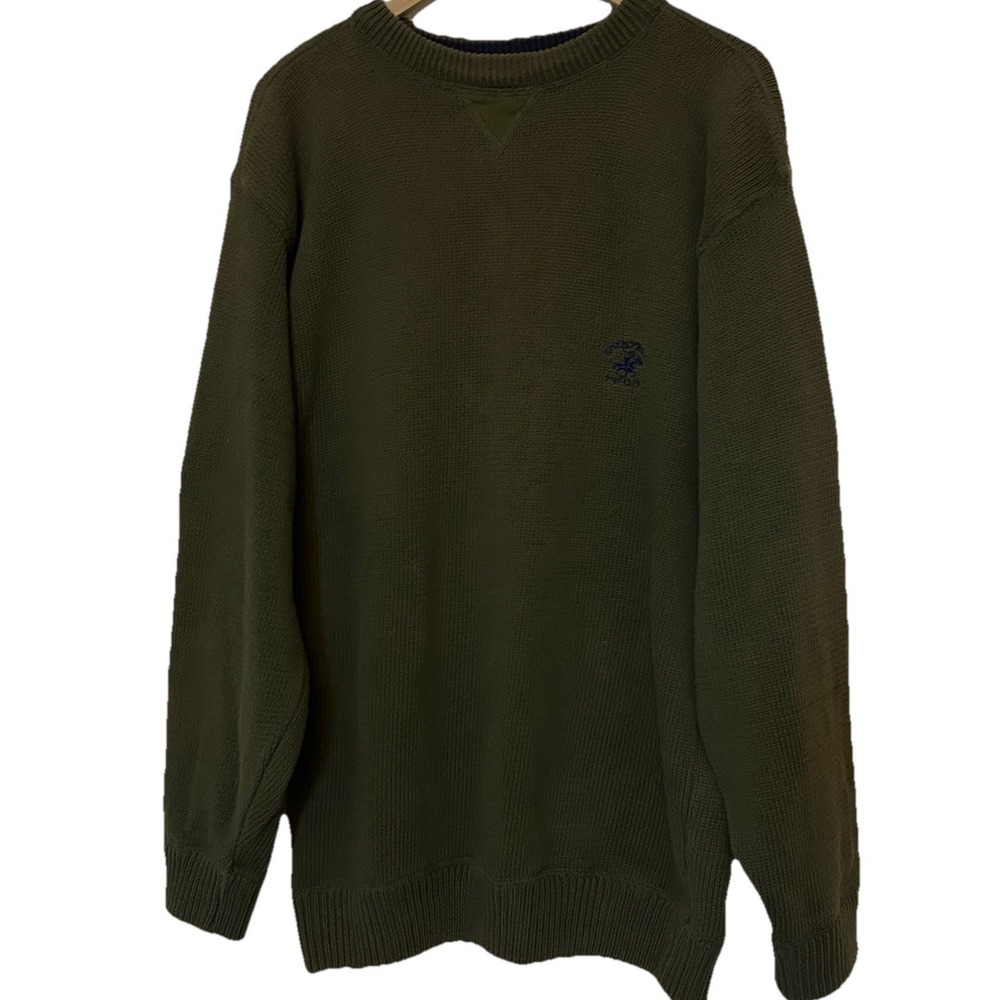 Vtg Fisherman Sweater Mens Sz L Chunky Cotton Old Money Crest Olive Green Crew